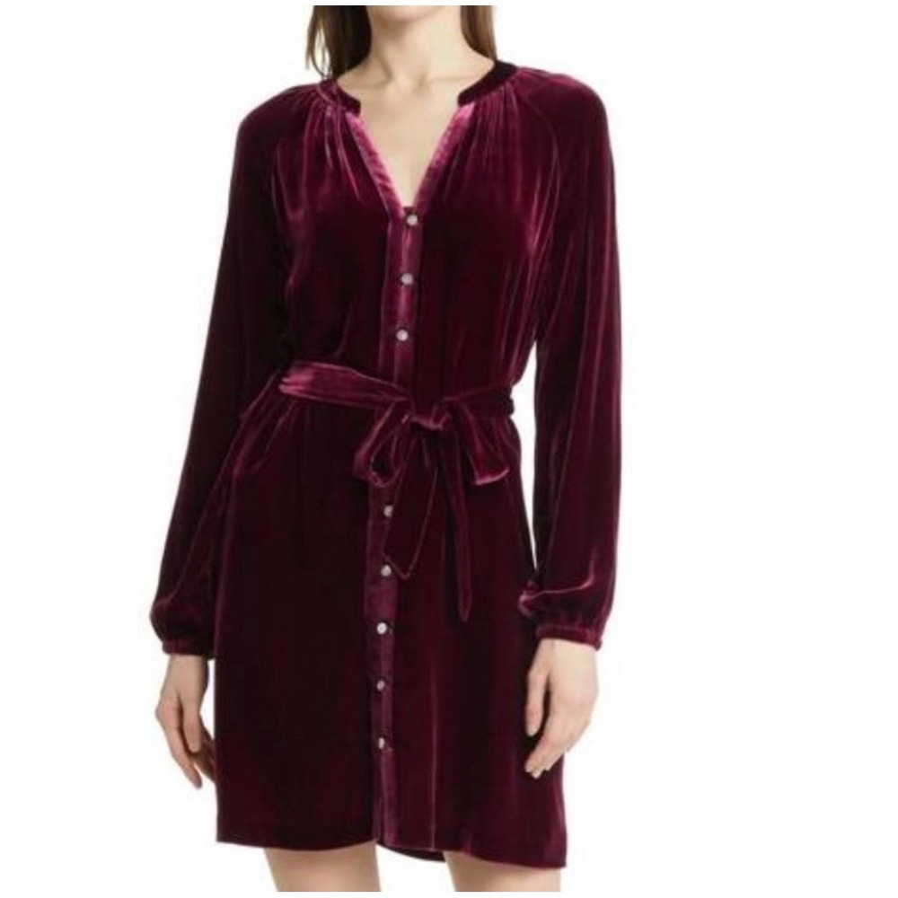 Faherty Naomi Dress Velvet Button Down Long Sleeve Silk Blend‎ Maroon M $228